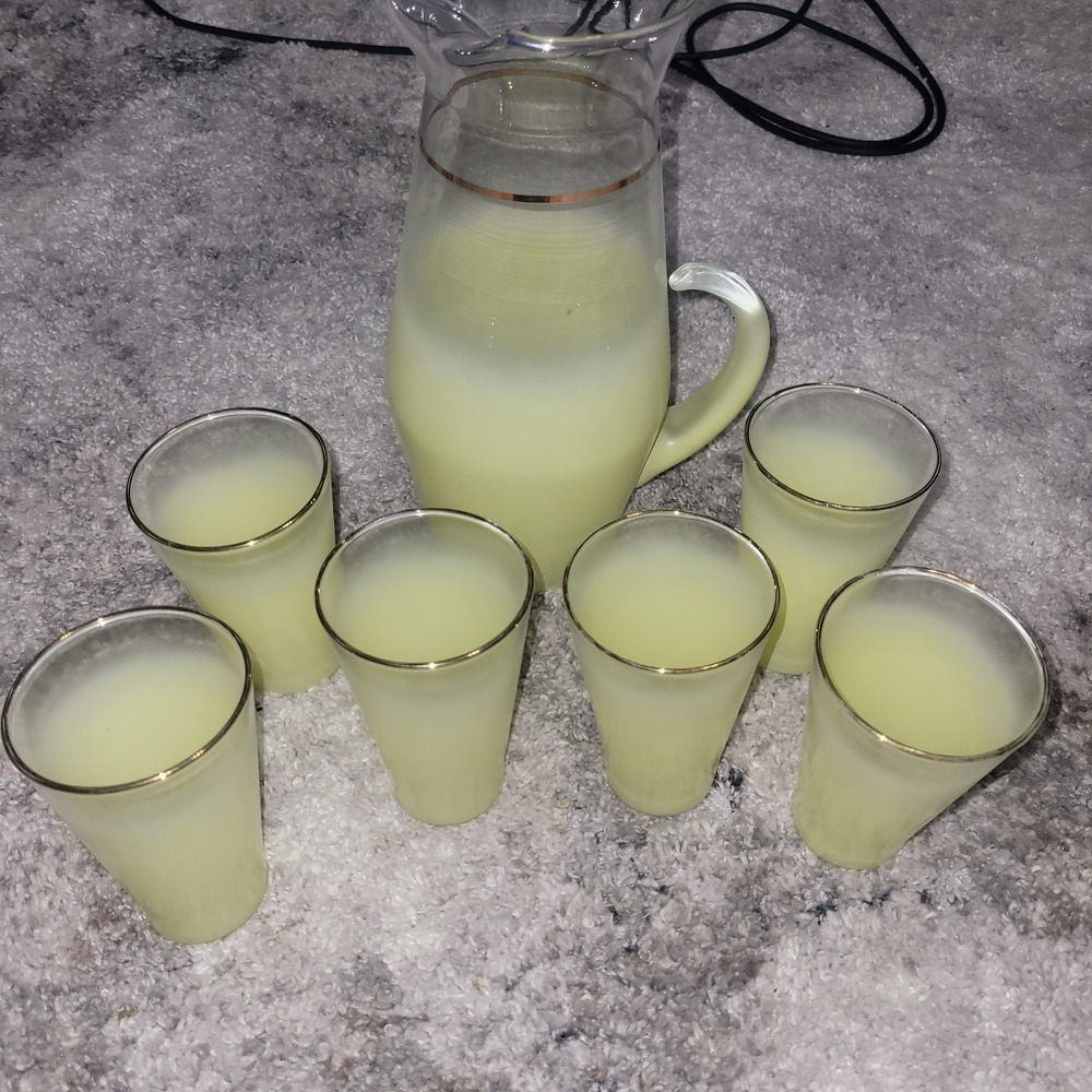Vtg Lot Blendo Yellow Ombre Frosted Glass Set BIG Pitcher & 6 Tumblers MCM Decor